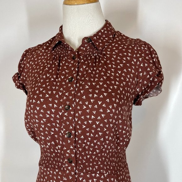 Free People Size 4 Brown Print Short Sleeve Dress Retro *Flaw - Picture 9 of 10